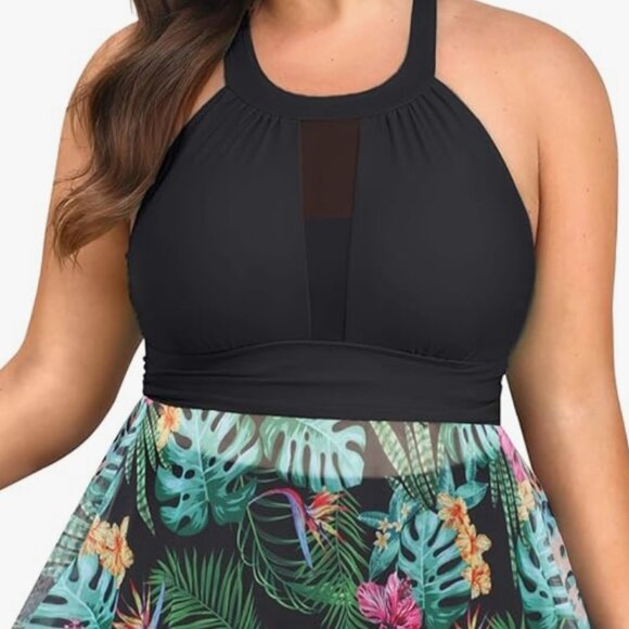 Nleyook Plus Size 22 Swimsuit (no shorts) Black/palm) High Neck. - Picture 2 of 10